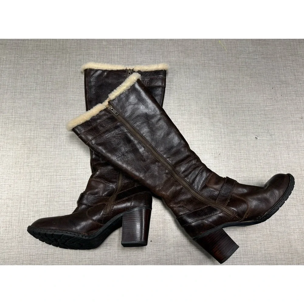 BORN Shearling Lined Warm Knee High Tall Winter Leather Boots Sz 9.5 Brown